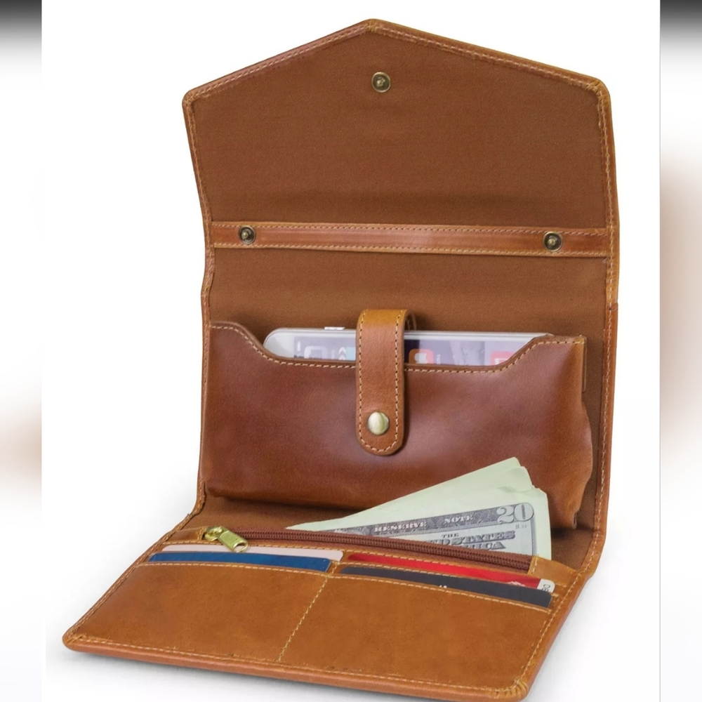 Vintage Timberland Tan Leather Envelope Clutch Wallet Removable Crossbody Strap